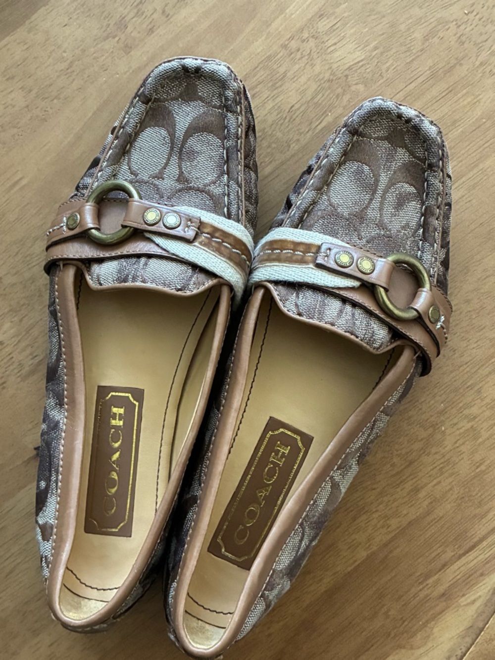 COACH Brielle Brown and Tan Signature Canvas Loafers with Metal Ring Accent
